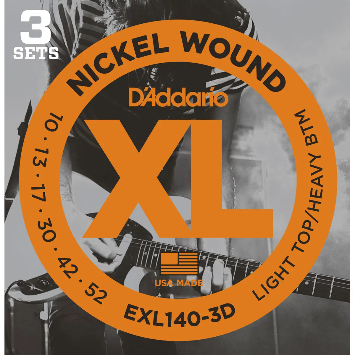 D'Addario EXL140 XL Nickel Wound Electric Guitar Strings Set, Light Top/Heavy Bottom, 10-52 Gauge, 3-Pack