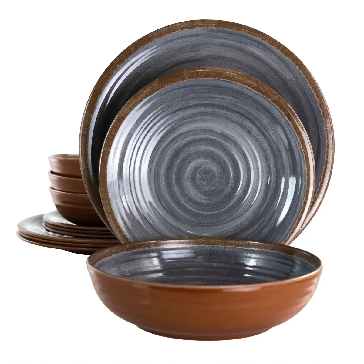 12 Piece Stone Oak Lightweight Melamine Dinnerware Set, Black
