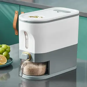 Rice and Grain Storage Container, Rice Dispenser Box with Meauring Cup, Transparent Sealed Press Type Grain Food Storage Container Kitchen Utensils