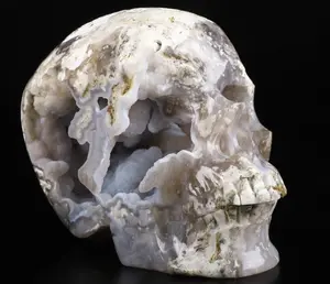 Top Quality 5.4" Indonesian Agate Geode Carved Crystal Skull,Super Realistic, Crystal Healing
