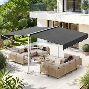 Free Standing Retractable Awning Dual/Single Side Patio Awning Manual Outdoor Sun Shade Shelter for Home Commercial Garden Backyard Carport Dark Grey