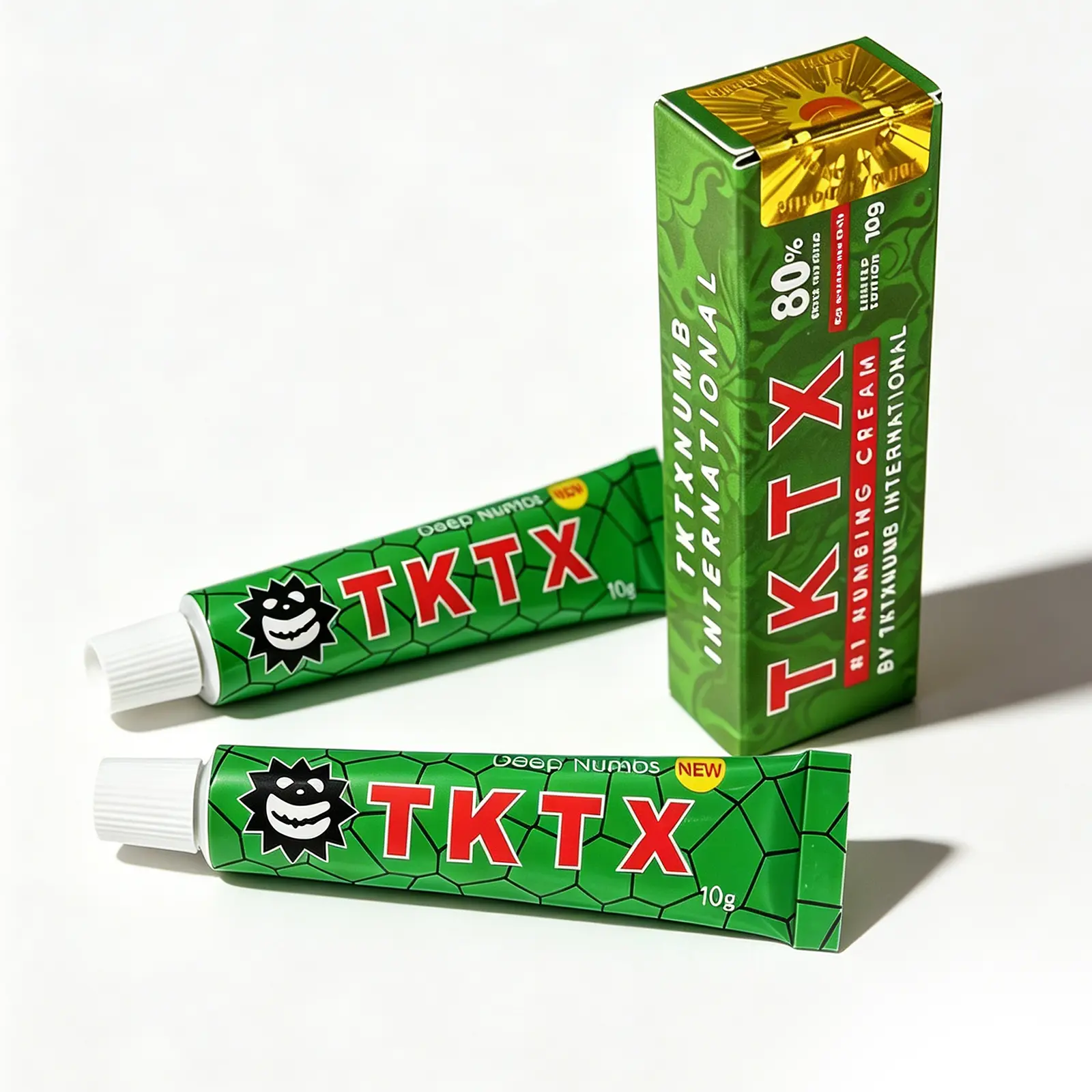TKTX Green 80% 2-Pack: Tattoo pain, gone. Our maximum-strength formula works fast and lasts hours, enabling crisp lines, vibrant color and stunning ink. Gentle on your skin, brutal on discomfort.