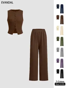 Women's Basic Fitted Solid Ribbed Button Tank Top & Straight Leg Pants Two-piece Set, Casual Sleeveless Top & Trousers for Daily Wear, Ladies Two-piece Outfits for All Seasons, Clothes,Airport Outfit