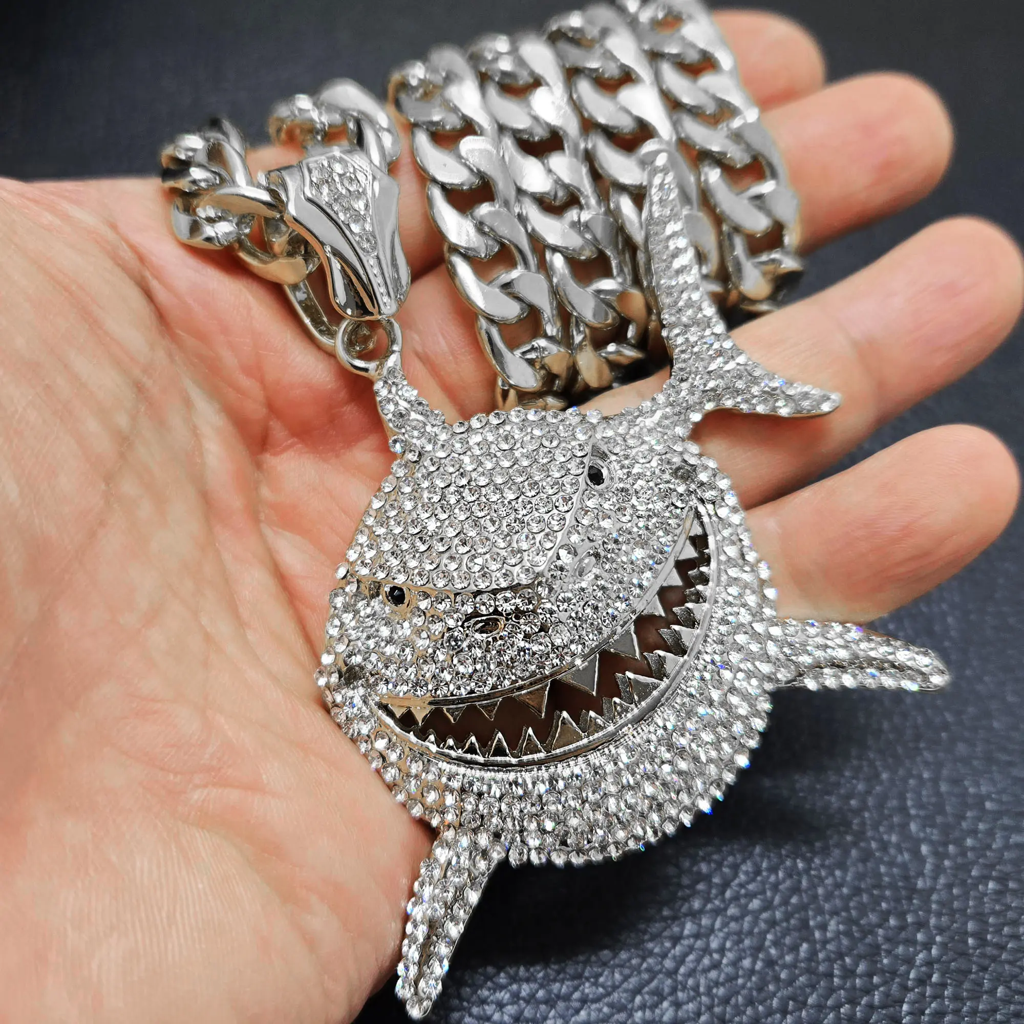 MaxBling81 Large Shark Punk Style Pendant & 10mm Iced Cuban Chain & Link Hip Hop Necklace Jewelry, 18"-30" Long Daily Accessory for Men