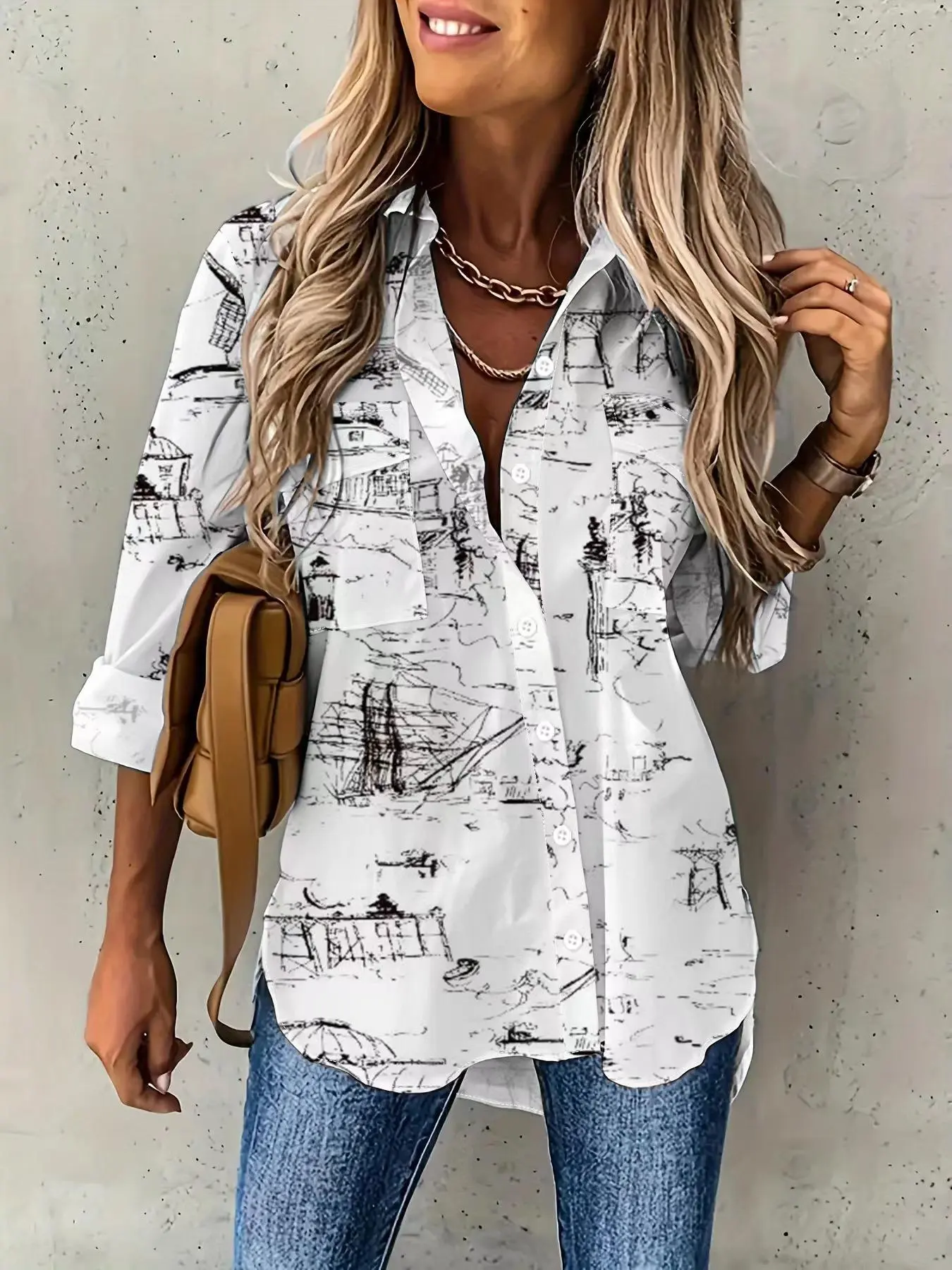 Women's All Over Print Button Front Pocket Shirt, Button Fastening Tops, Casual Fashion Shirt, Casual Long Sleeve Top for Daily Wear, Ladies Clothes for All Seasons