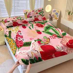 Tropical Floral Butterfly Fitted Sheet Set, 1 Fitted Sheet & 2 Pillowcases, Red Flower White Butterfly Green Leaves Vibrant Colors, Soft Skin-Friendly Slip-Resistant, Spring Vitality & Romantic Bedroom Decor
