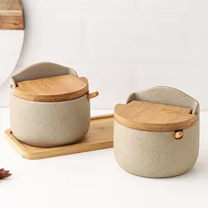 2pcs Ceramic Condiment Jars with Wooden Tray, Stylish & Functional, Ideal for Salt, Sugar, or Spices, Kitchen Organization Set