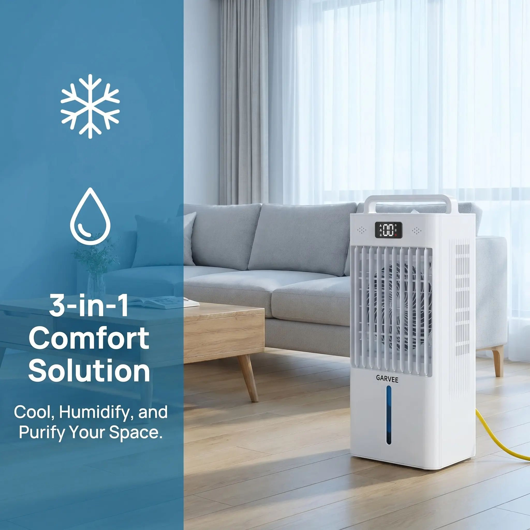 OP-Garvee 10L Portable EvaporativeAir-conditioning fan,Touch-screen water-cooled fan with remote control, 45W ,120V,Energy Efficient Swamp Cooler with Remote 3-in-1 Fan Oscillation for Home Office Outdoor White