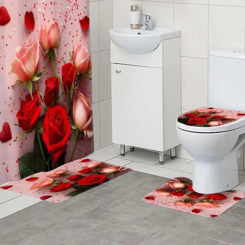 4 piece set of rose bouquet patterned shower curtain, The 4-piece set includes a single shower curtain, anti slip floor mat, toilet U-shaped mat, toilet lid mat, with shower curtain hook, and belongs to bathroom decoration products