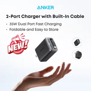 Anker Nano USB C Charger Block, 35W Max 2-Port High-Speed Compact Charger with Durable Built-in Anker InstaCord Retractable Cable, Works with iPhone 17/16 Series, iPad, Pixel, and More