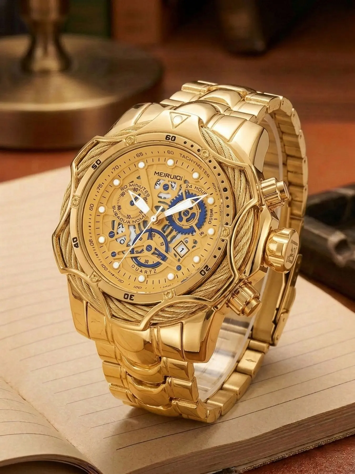 A men's bold and powerful all-gold hollowed-out trendy large-dial business luxury fully automatic mechanical wristwatch Elegant Round Dial Analog Watch