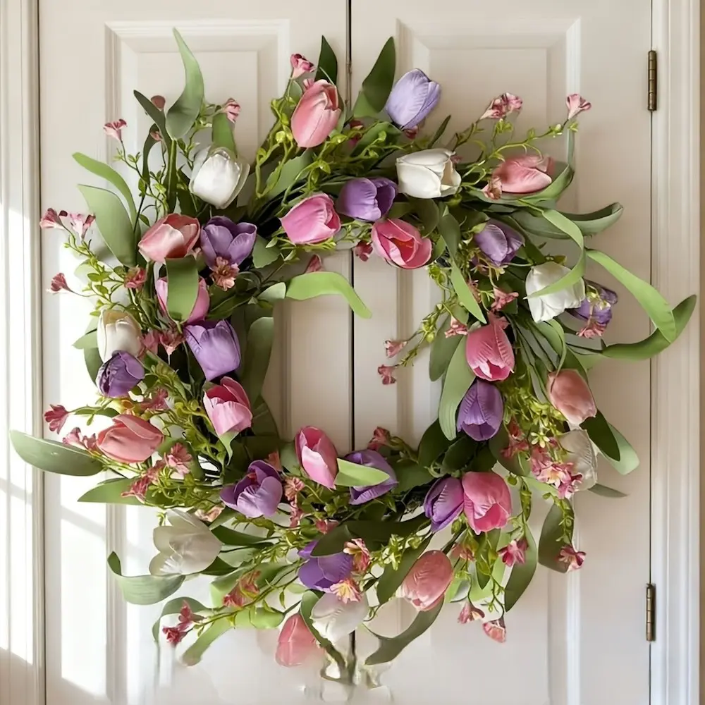 Spring & summer decorative wreath with tulip design, pink/purple floral bouquets, suitable for home, office and garden — the perfect gift for Mother's Day, Decorative Flowers, Artificial Flower Decoration