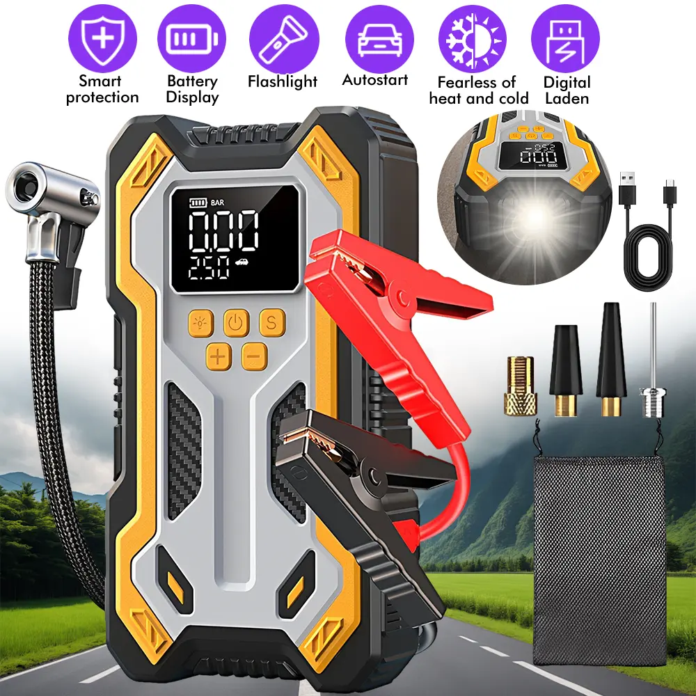4-in-1 Jump Starter and Tire Inflator, 12V Car Battery Jump Box with Air Pump, Fast Charging Portable Power Bank, Smart Safety Clamps, Bright Emergency Flashlight for Gas & Diesel Engines