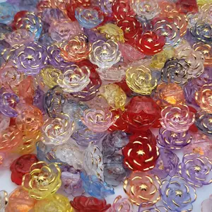 Colorful Acrylic Flatback Rose Beads with Gold Trim, Compatible with Beadable Pens, for DIY Beading and Jewelry Making Crafts