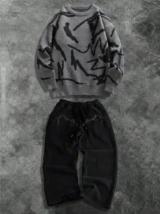 Street Casual Set Unisex Knit Sweater Long Sleeve Top & Printed Pants Two-Piece Outfit, Fall Winter Loose Fit Fashion Streetwear