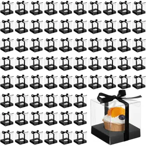 96 count Individual Cupcake Boxes Single Cupcake Container Clear Cupcake Carrier Plastic Cupcake Storage Cupcake Holder with Ribbon and Insert for Wedding Birthday Party Favor, 3.5 x 3.5 x 3.5(Black)