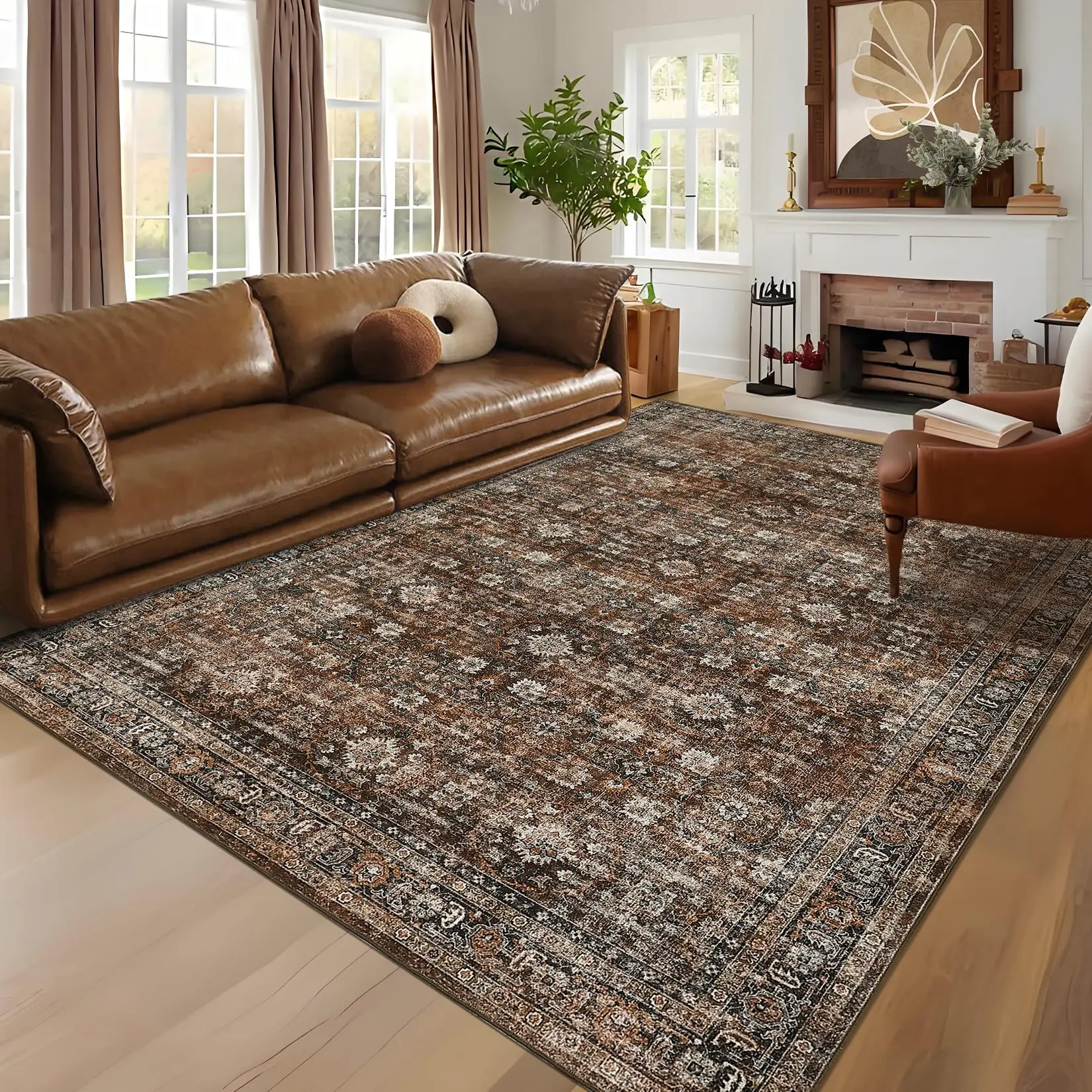 GARVEE Vintage Distressed Washable Rug 5x7 Area Rug With Non-Slip Backing Stain Resistant Floor Cover Ultra-Thin Carpet For Living Room Bedroom Dining Room Office Playroom,Red