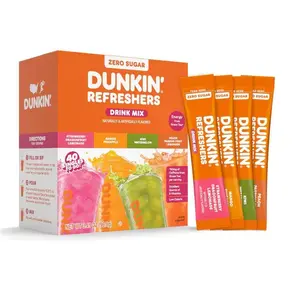 Dunkin Refreshers Singles To Go! Powdered drink mix packets, 40 Ct Variety Pack, 40 Single serve Packets per Box (40 servings), Energy from Green Tea, aspartame-free, no synthetic colors, naturally and artificially flavored, just add water