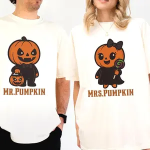 Pumpkin Mr. & Mrs Graphic Tees, Matching Couple Halloween Shirts, Cute Couple Matching T-Shirt, Spooky Season Tee, Matching Fall Couple Outfits