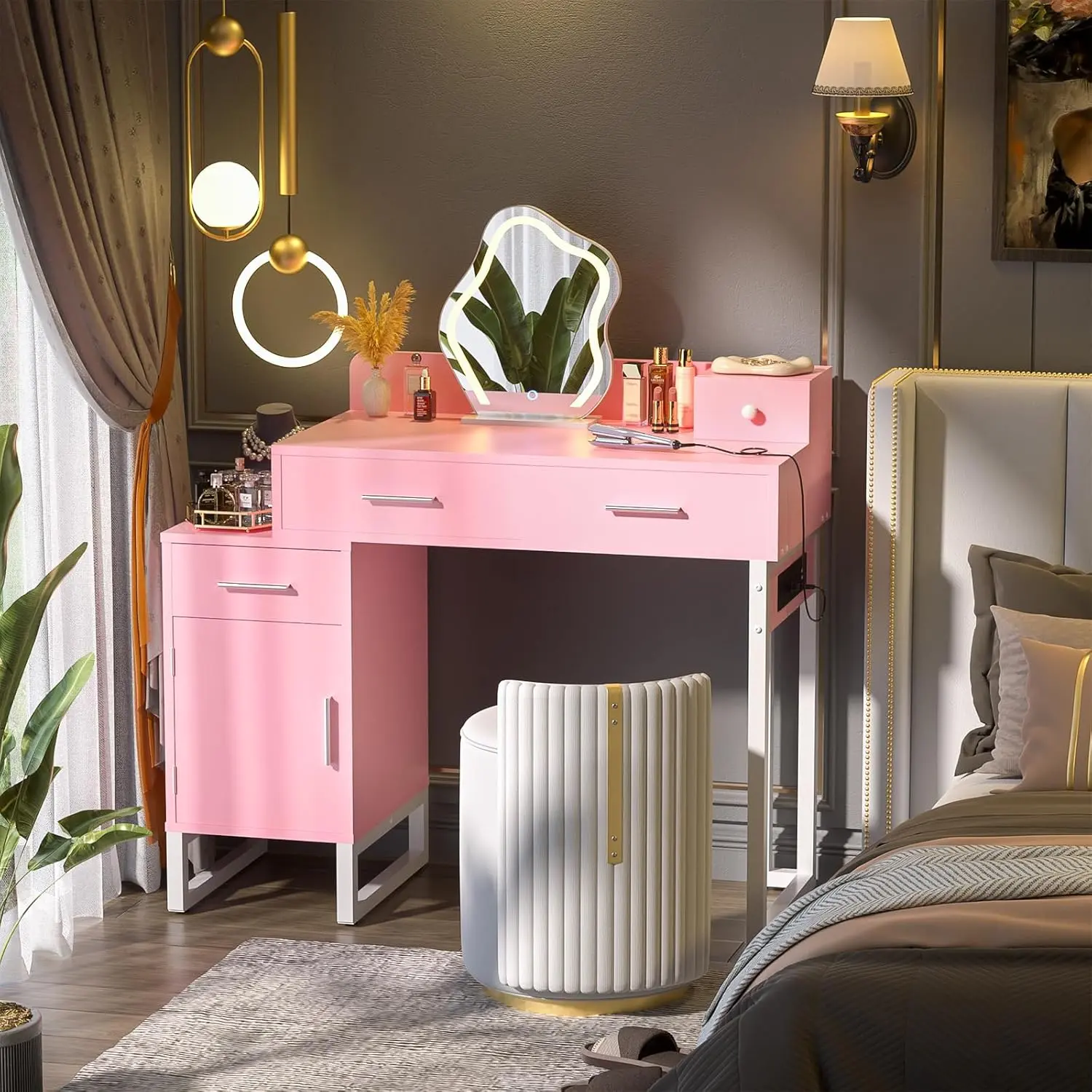 Unikito Modern Pink Vanity Set, Makeup Desk with LED Mirror & Storage Drawers, Dressing Table for Women Girls - Multiple Furniture Organization, vanity accessories, vanity mirror Pink Custom White