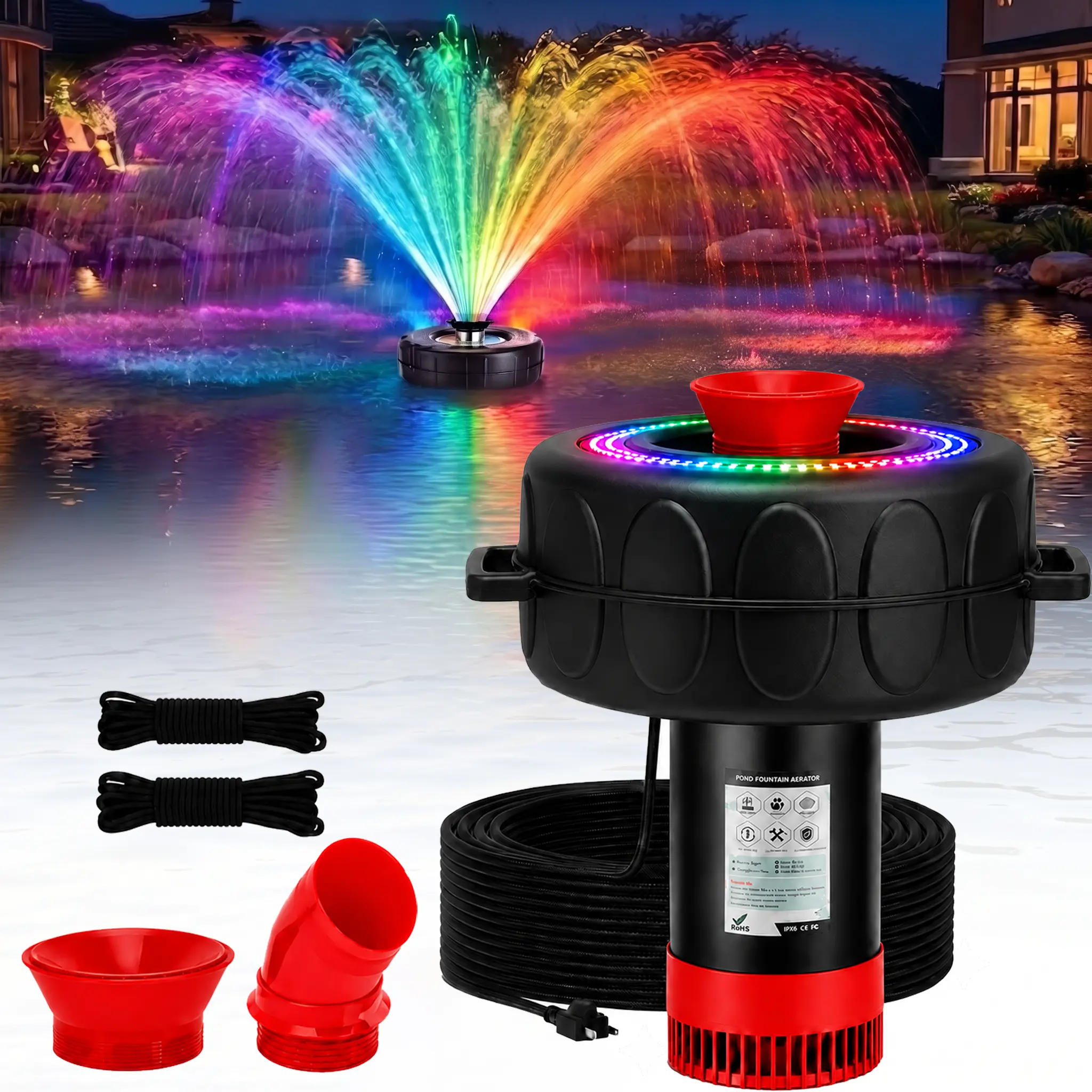 Submersible Floating Water Fountain Pump - 750W 1HP 15000 GPH Powerful Pond Aerator, Stainless Steel Body, 100ft Power Cord, Multi-Nozzle & Water-Spraying Sprinkler Functions, Submersible Pump, Water Pump For Fountain