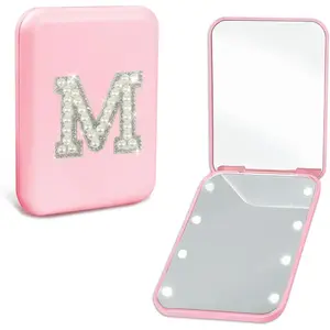 Small Mirror with Lights Teen Girl Gifts Trendy Stuff Personalized Pearl Initial LED Pink Folding Compact Mirror Preppy 1X/2X Magnification Travel Makeup Pocket Mirror for Women (M)