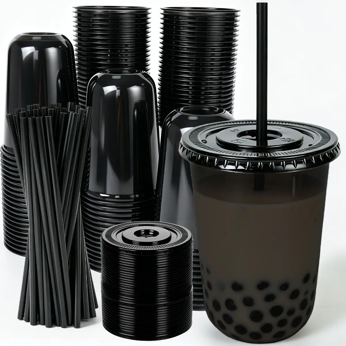 16oz Disposable Stemless Glasses with Flat Lids and Straws, PET Disposable Drinking Cups, Plastic Wine Glasses Parties Birthday, Wedding, Meeting, Party Supplies. (100, Black)