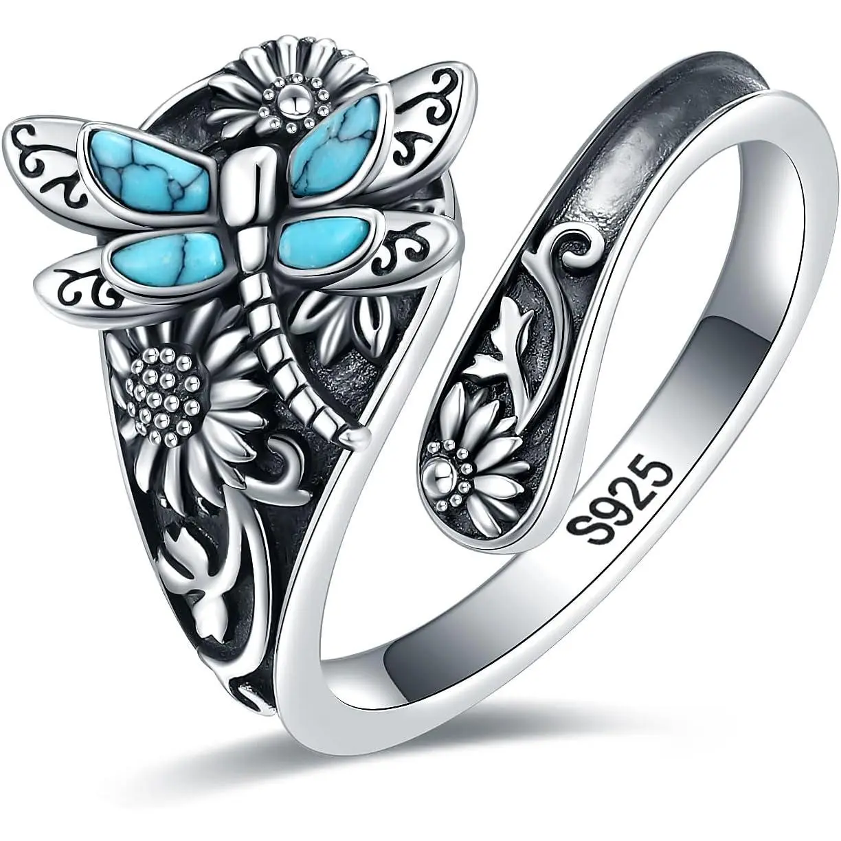 925 Sterling Silver Dragonfly Ring for Women, Vintage Spoon Style with Turquoise and Abalone, Oxidized Boho Filigree Wrap Band, Adjustable Birthday Gift, Birthday Gift Ideas, Spoon Ring, Turquoise Ring
