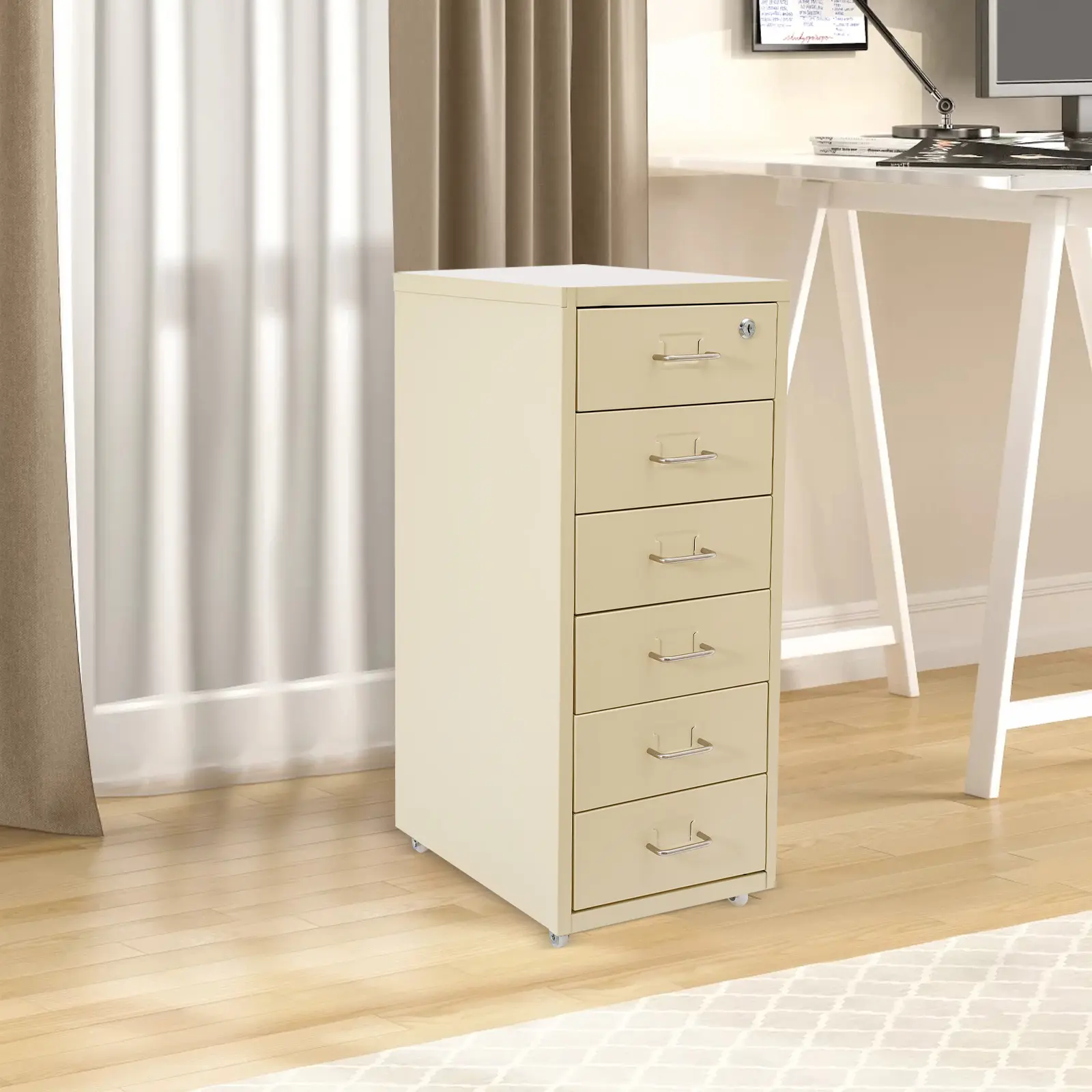 CNCEST Lockable Vertical 6-Drawer Filing Cabinet - Sturdy Rectangular Commercial Office Furniture with Wheeled Base, 22LB/Drawer Capacity, Mobile Beige Organizer for Office, Home, Modern