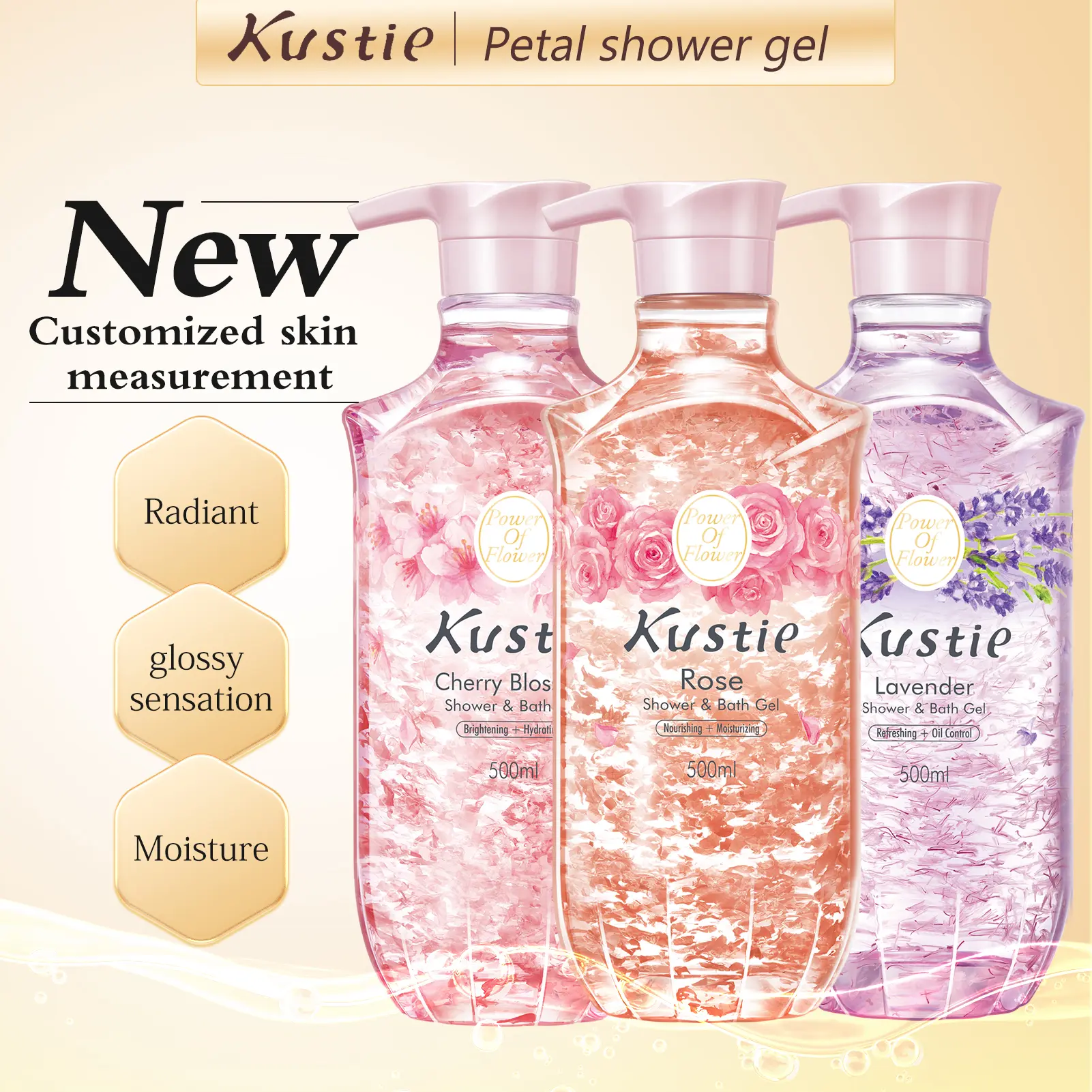 Kustie Real Flower Shower & Bath Gel Gentle and Clean Body Care Bodywash with pump Soap Cleanser Shower Gel