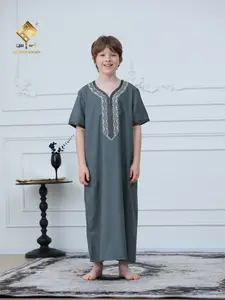 Children Muslim Short Sleeve Embroidered Robe, Ethnic Embroidery, Modesty, Summer Friendly, Loose Fit, Side Pockets, Breathable Fabric, 6-12 Years