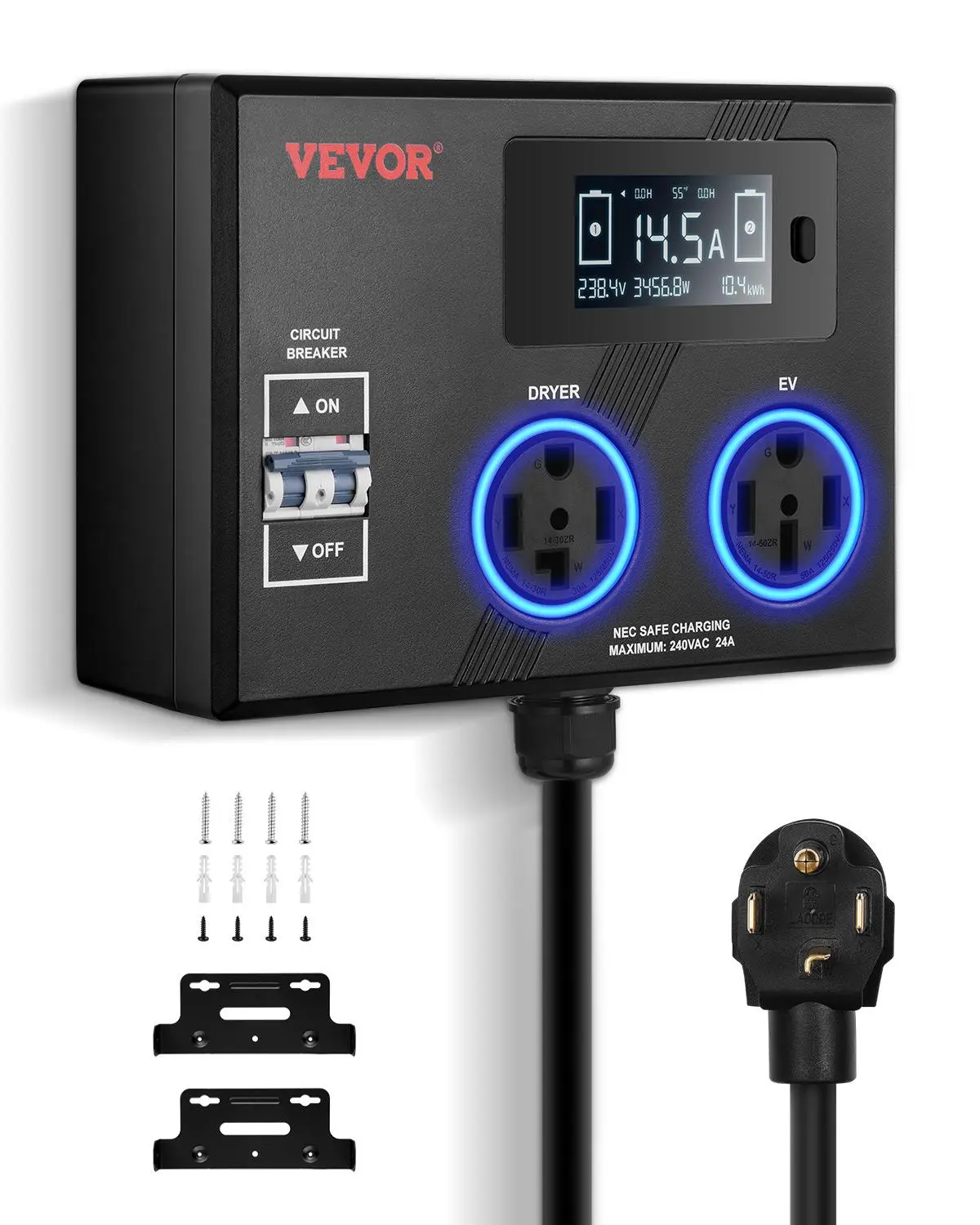【Summerfinds】VEVOR NEMA Splitter for Dryer and EV, 3-Color LED Indicator, 240V Smart Power Distribution, With NEMA 14-30 Plug, NEMA 14-30 & NEMA 14-50 Outlets, Large 3.4-Inch LCD Screen, for Max 24A Dryer or EV