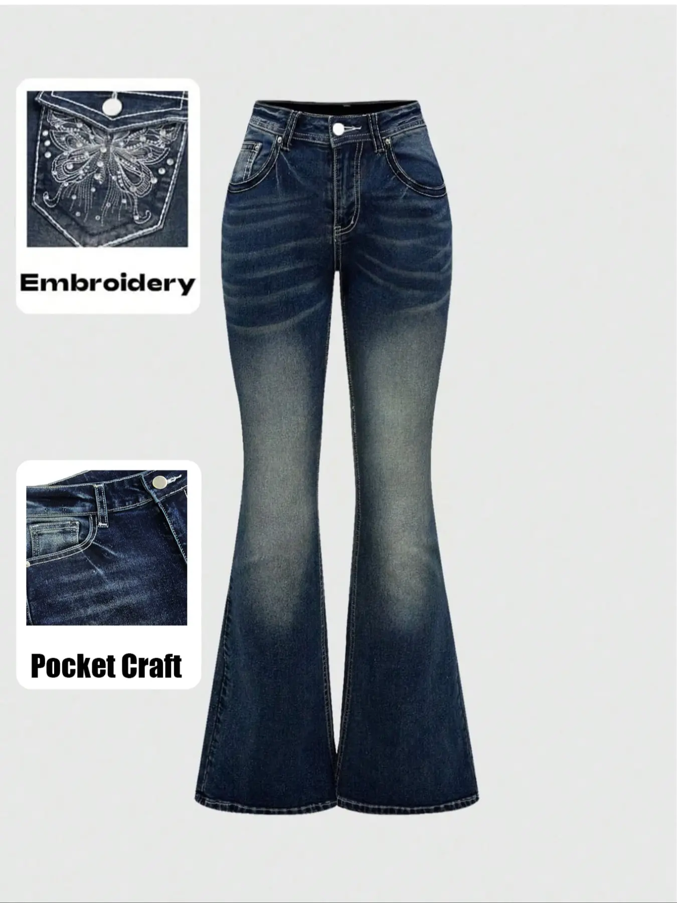 Women's High Waist Fitted Vintage Rhinestone Butterfly Embroidered Jeans, Elegant Chic Flared Pants, Retro Style Denim Trousers, Womenswear Bottom, High Waisted Design, Denim Clothing