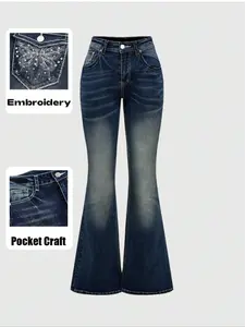 Women's High Waist Fitted Vintage Rhinestone Butterfly Embroidered Jeans, Elegant Chic Flared Pants, Retro Style Denim Trousers