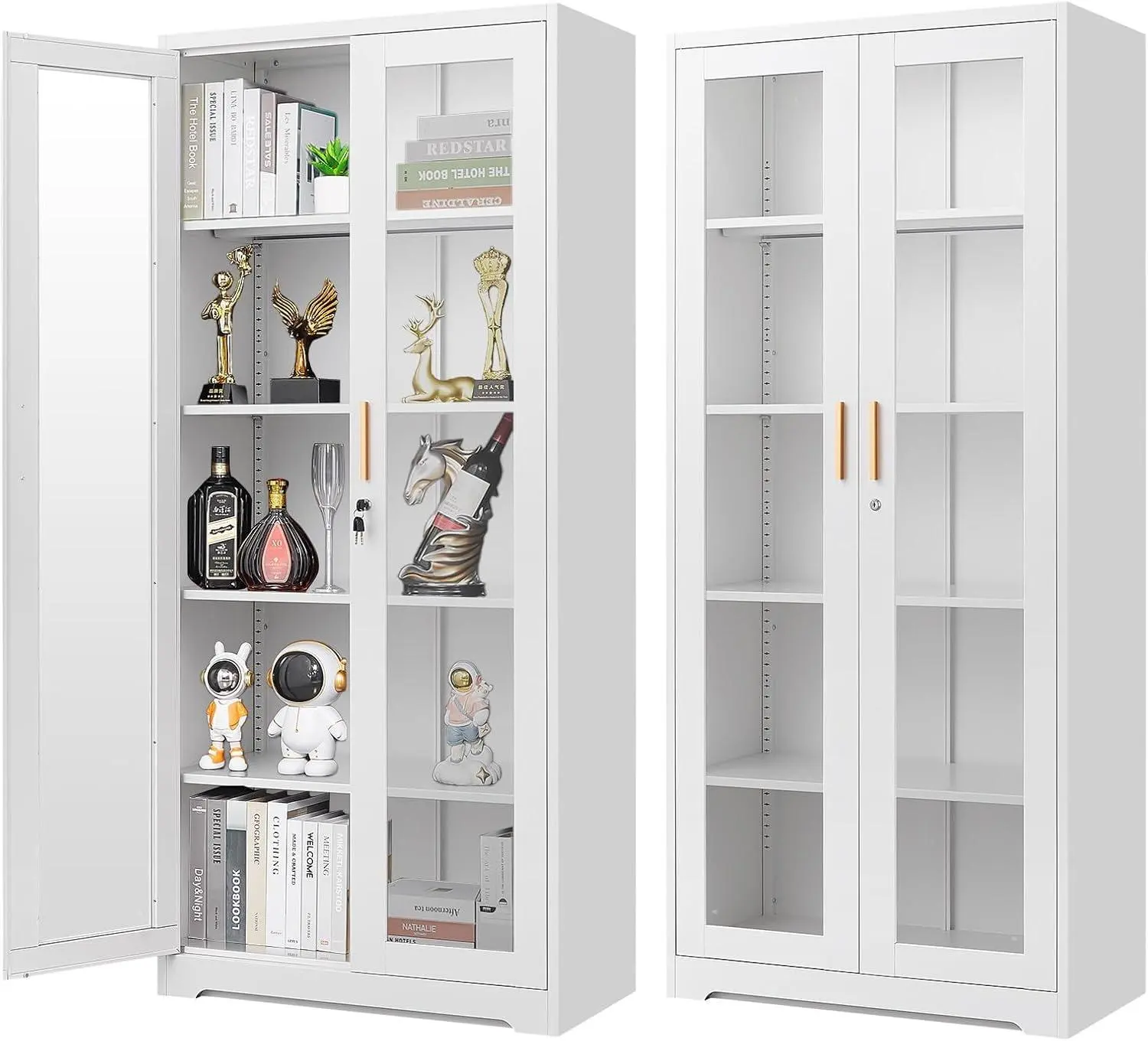 【Summervibes】Ubesgoo Glass Display Cabinet with Lock, Metal Curio Cabinet with Tempered Glass Doors & Adjustable Shelves, Heavy-Duty China Cabinets for Living Room, School, Commercial, Black, Assembly Required