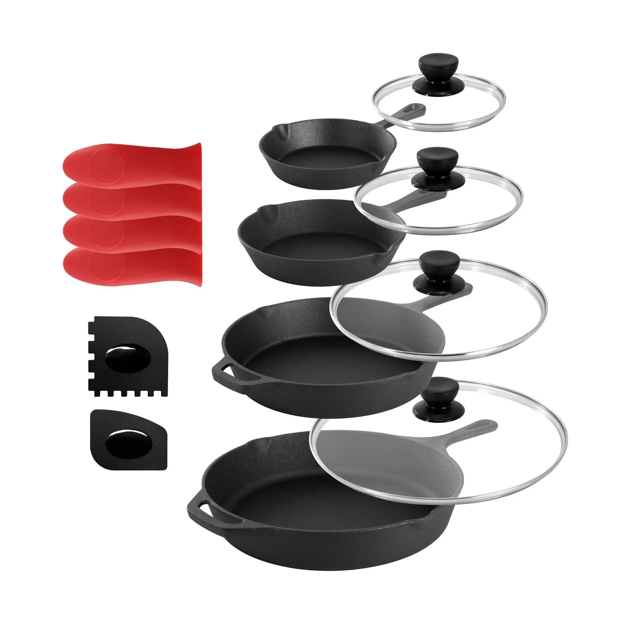 MegaChef 14 Pc Cast Iron Skillet Set w/ Tempered Glass Lid