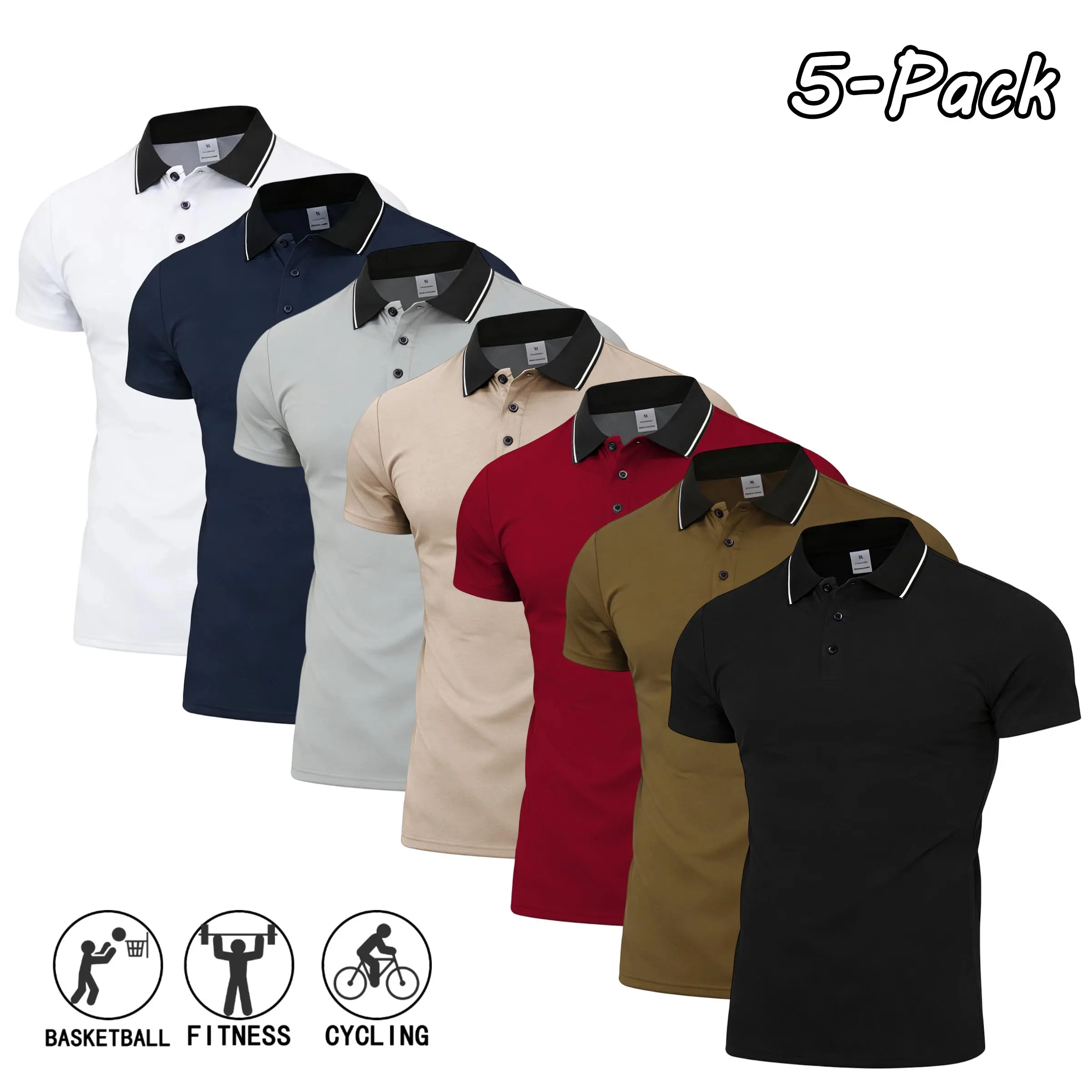 Men's Solid Color Polo Shirts (Pack of 5) - Short-Sleeve Turn-Down Collar Menswear Tops, New Arrivals, Versatile for Outdoor Sports, Everyday Wear