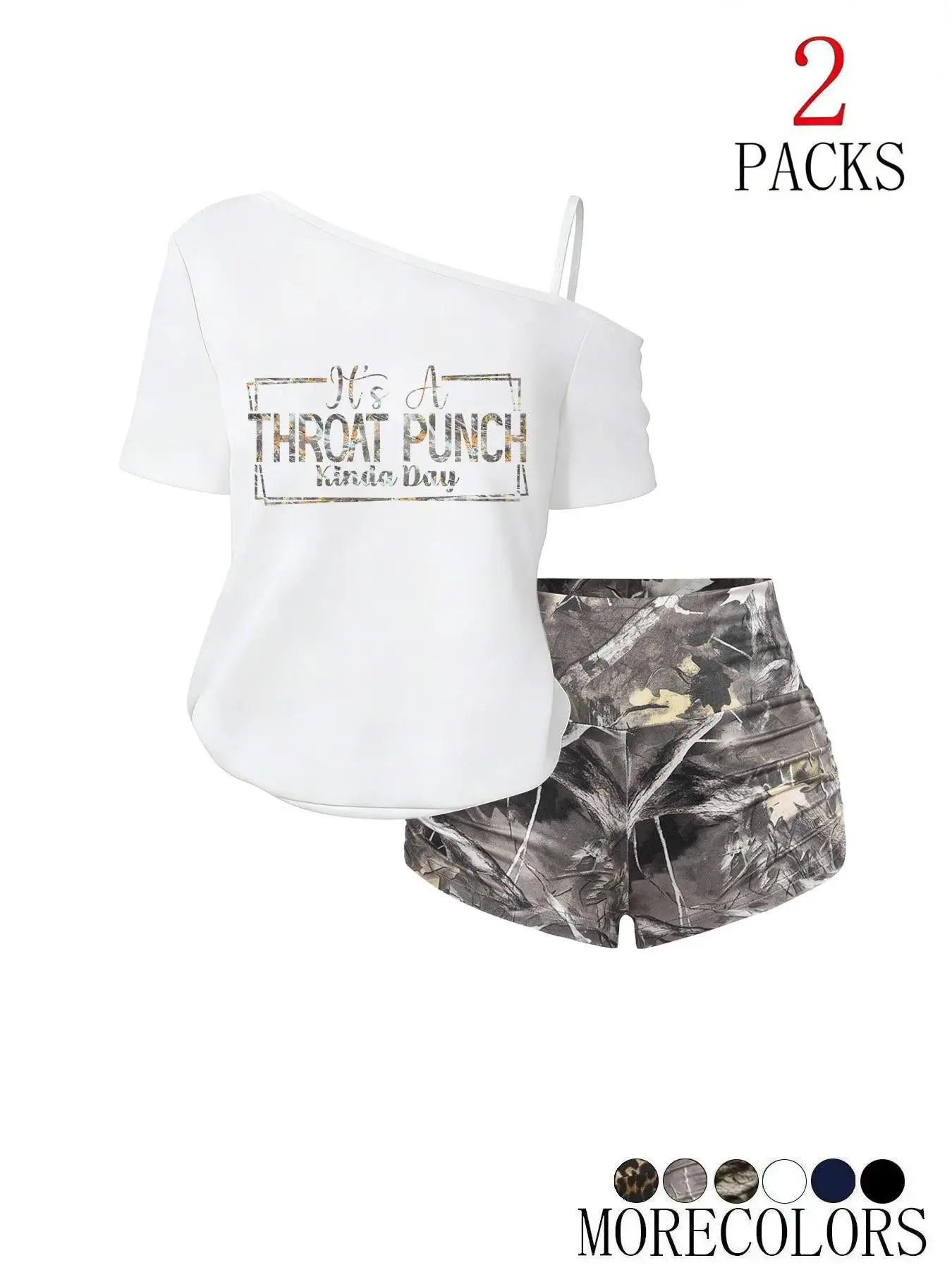Women's 2-Piece Set, Asymmetrical One-Shoulder Print Tee & High-Waisted Tree Camo Shorts, Casual for Camping & Street Style