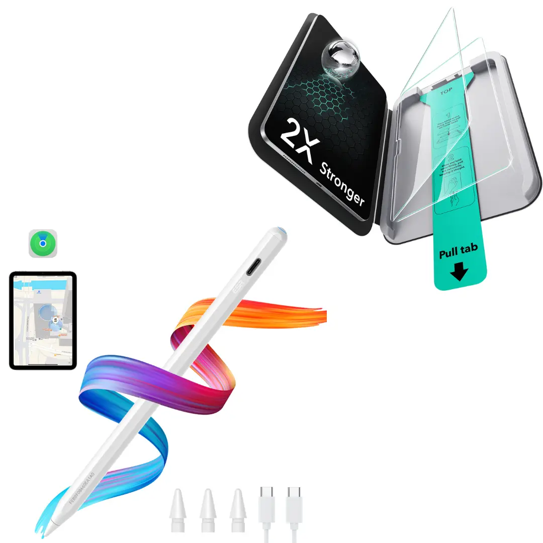 ESR Digital Pencil Stylus for iPad 2018-2026 with Find My, Shortcuts, Fast Charging, Smooth Writing + 2-Pack Tempered Glass Screen Protector (Easy Installation) - Pen+Glass Set Bonus, Accessories with Ultrafit Tray, Batteries