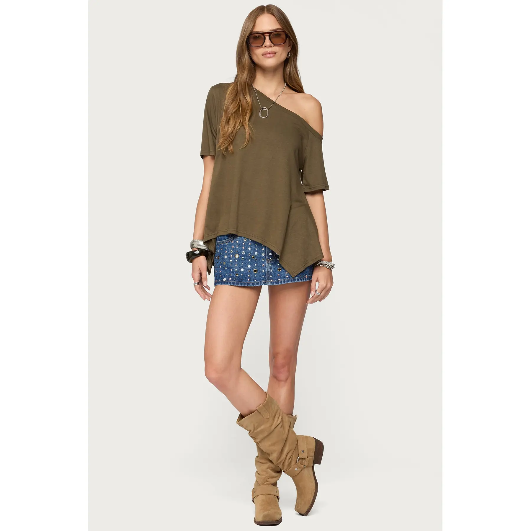Studded Grommet Denim Mini Skort