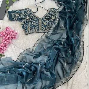 PARTY WEAR HIGH END SILK SEQUENCE WORK SAREE WITH  READY MADE BLOUSE up to 42”