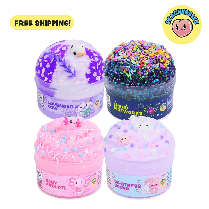 PEACHYBBIES: 4-Pack Bestsellers Slime Bundle - Premium Scented Slimes, ASMR, Stress Relief, Fidget Toys, Cloud Dough, Bingsu, Butter, Cotton Slime - 4oz