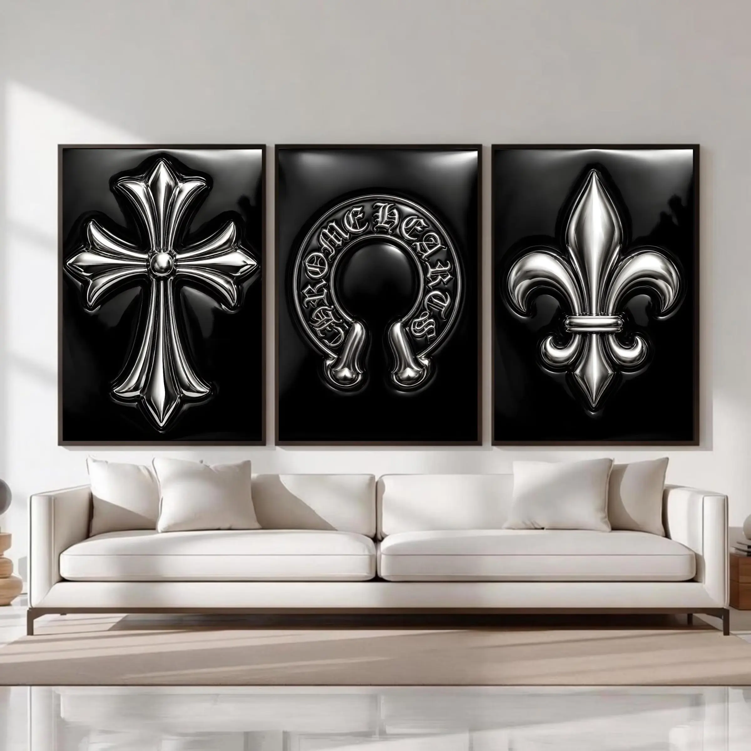 Chrome Hearts Hypebeast Wall Art Poster Set of 3, Black Silver Gothic Cross Art, Horseshoe Print, Fleur De Lis Luxury Y2K Room Decor