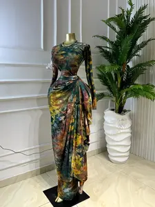 PULKRITU Elegant Women's Printed O-Neck Long Sleeve Ruffled Satin Belted Maxi Prom Dress, Club Sexy Evening Party Outfit Gown, Female Fashion Music Festival Dress,Romantic Lady Skirt,Graduation Season Dress