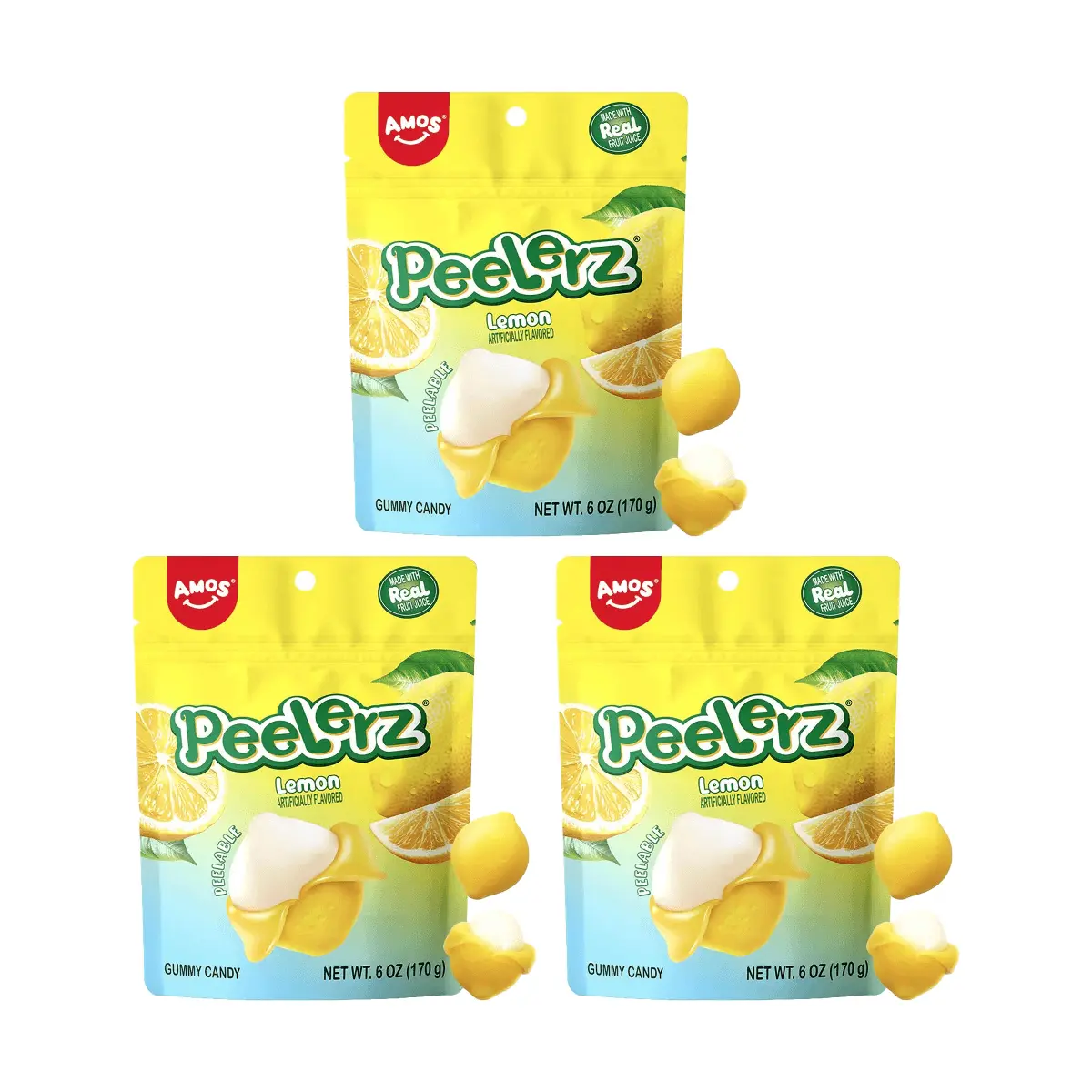 Amos Sweets Lemon Gummy Candy - Real Fruit Juice, 3 Pack (170g Each) - Soft & Chewy Snack