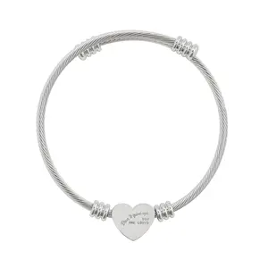 Affirmation Engraved Heart Cuff Bracelet | Steel Cable Bracelet with Heart Plate