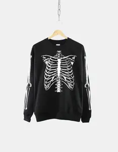 Halloween Skeleton Sweatshirt - Realistic Skeleton Rib Cage Sweater - Skeleton Bones Shirt With Sleeve Print