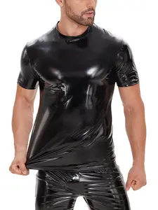 Men's Glossy Shiny PU Leather T-Shirt, Sexy Metallic Crew Neck Pullover Short Sleeve Tops, Casual Slim Fit Plain Solid Vest Party, Menswear
