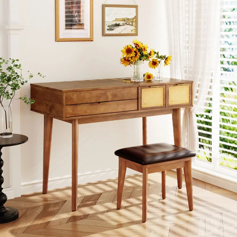 [Bellemave]43.3" Classic Wood Makeup Vanity Set with Flip-top Mirror and Stool, Dressing Table with Three Drawers and storage space, Brown