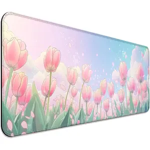 Pink Flower Tulips Gaming Desk Mat, Computer Keyboard Large Extended Long Floral Mouse Pad for Office and Home